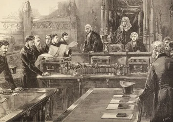 La apertura del Parlamento: Miembros tomando el juramento, grabado por R. Taylor, de The Illustrated London News, 23 de enero de 1886